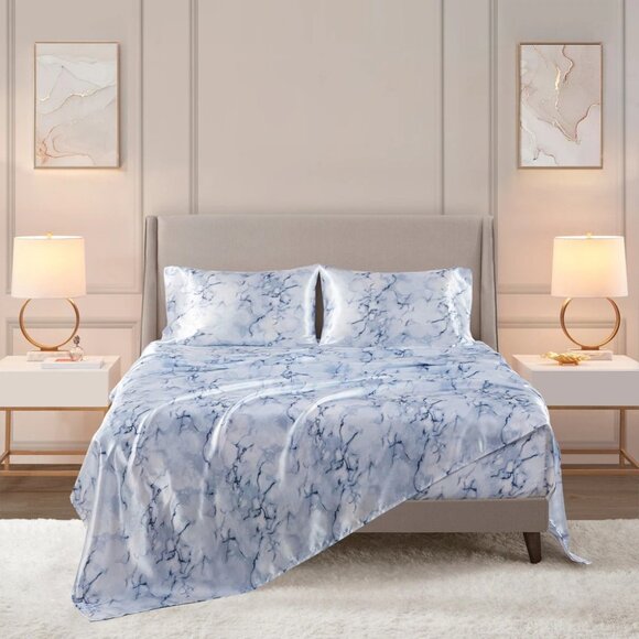 [NWT] Madison Park Essentials Luxury Satin Sheet Set Queen in Blue Marble